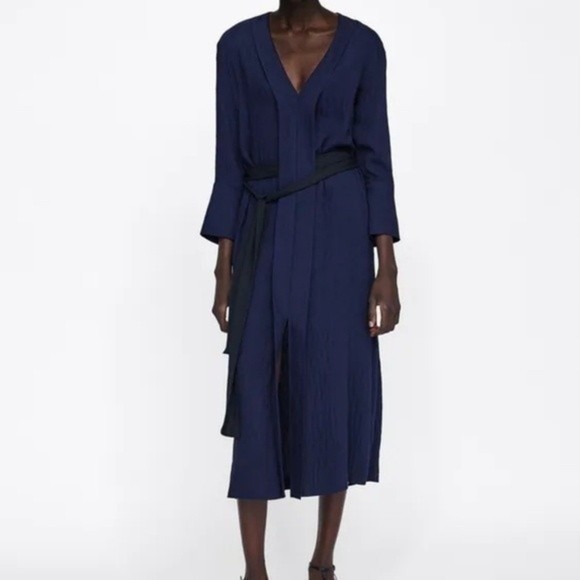 Zara Dresses & Skirts - ZARA Navy Blue Long Sleeves Midi Dress Split Front Size Medium